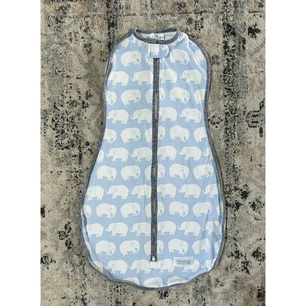 Woombie Blue White Elephant Infant Baby Sleep Swaddle Sack 3-6M 14-19 lbs